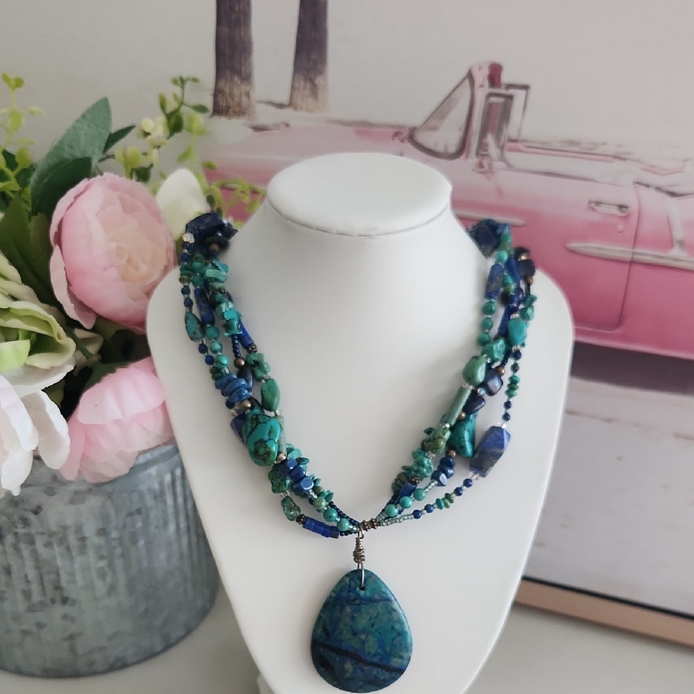 Handmade One Of A Kind Artisan Crafted Blue and Green Beaded Necklace..Stunning!